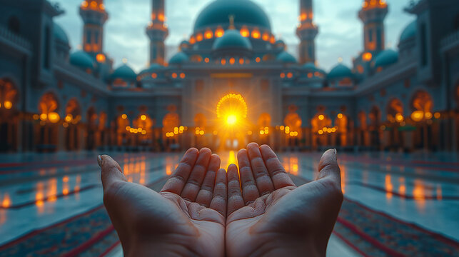 Muslim hands praying in the mosque background