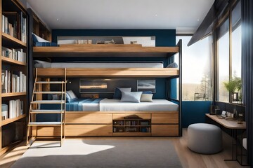 Modern teen bedroom featuring a custom-made with bunk bed, cozy and efficient. beautiful view