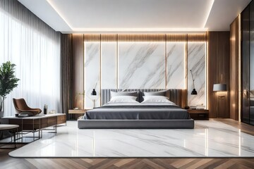 Luxury modern bedroom interior design with white marble tiles on wall, and wood panels. led light 