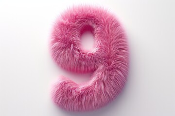 Cute pink number 9 or nine as fur shape, short hair, white background, 3D illusion, storybook style