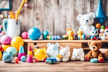 Set of different cute toys on wooden table in children's room,  white view beautiful