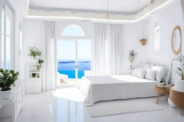 a Santorini style white bedroom interior.