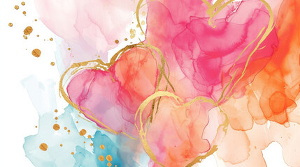 Watercolor hearts in soft pastel tones with gold splatters, romantic background.