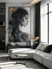 Modern living room with large portrait of a woman on the wall and minimalist furniture.