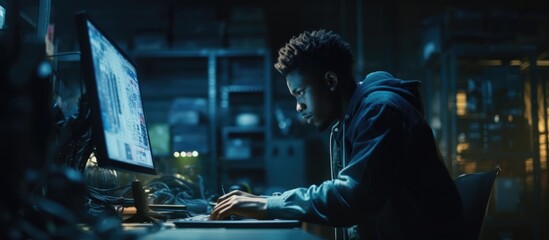 African American hacker breaking into server using malicious software at night in warehouse. - obrazy, fototapety, plakaty