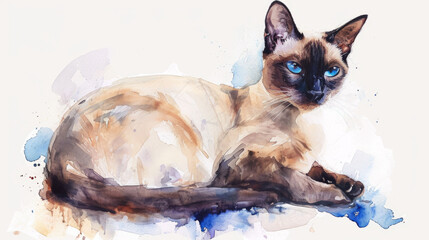 Siamese cat watercolor painting, lounging pose, blue eyes.