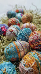 Fototapeta na wymiar Easter eggs made of yarn on straw, handmade, intricate patterns, festive spring decor.