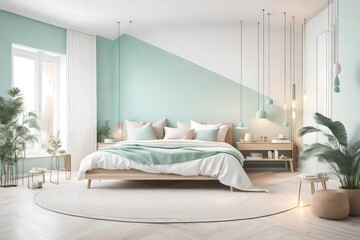 Scandinavian bedroom interior with bed in pastel beige and mint colors, 3d rendering white view