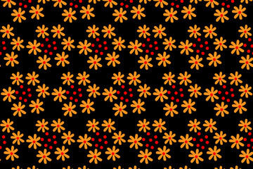 Colorful flowers and their stalks on a black background. Seamless pattren design.