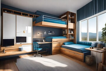 Modern teen bedroom featuring a custom-made with bunk bed, cozy and efficient. beautiful view - obrazy, fototapety, plakaty