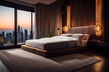 Bedroom features a plush bed with textured layers of pillows and bedding, and warm ambient lighting, all set against a backdrop of minimalist architecture, beautiful view