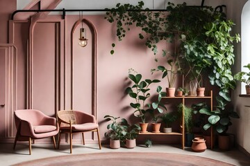 Modern composition of wabi sabi interior with arch shelf with home decoration and pink chair. Stylish conceptual interior of living room. Green ficus elastica plants in terracotta pots