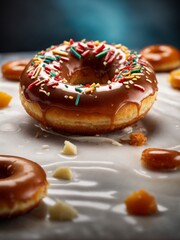 Delicious glazed doughnut in studio lighting and background, cinematic food donut photography 