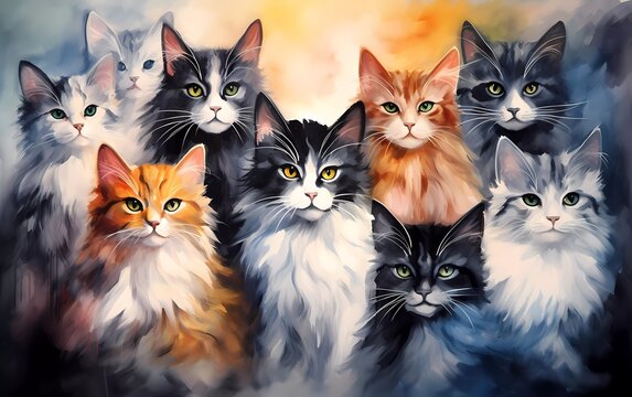 Artistic image of a flock of cats. collection of canvas art animal paintings, in watercolor style. generative ai