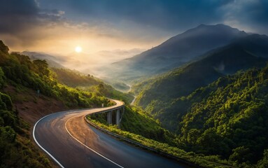 Naklejka premium Road scenery in natural with morning sunshine, beautiful sky generative ai illustration art