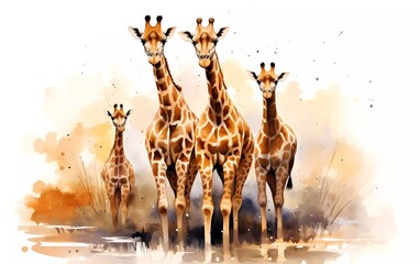 Artistic image of a herd of giraffes. collection of canvas art animal paintings, in watercolor style. generative ai - obrazy, fototapety, plakaty