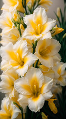 a large beautiful white-yellow gladiolus flower rejoices in the sun
