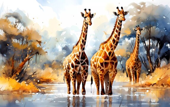 Artistic image of a herd of giraffes. collection of canvas art animal paintings, in watercolor style. generative ai