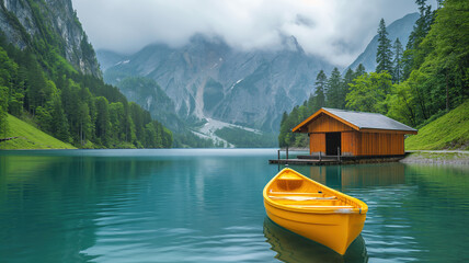 Yellow boat on the blue water sea lake with topical landscape mountain nature background  - obrazy, fototapety, plakaty