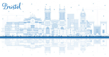 Outline Bristol UK City Skyline with Blue Buildings and reflections. Bristol England Cityscape with Landmarks. Travel and Tourism Concept with Historic Architecture.