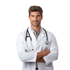 Fototapeta premium Front view of an extremely handsome Caucasian white male model dressed as a Veterinarian smiling with arms folded, isolated on a white transparent background