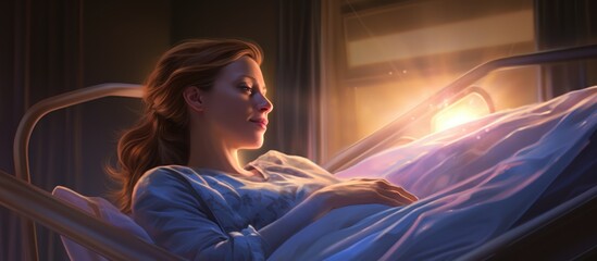 Fototapeta premium Expectant mother in labor, illuminated by rays of light, lying in hospital bed in maternity ward.