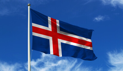 Iceland Flag on the flag pole waving beautifully in the sky