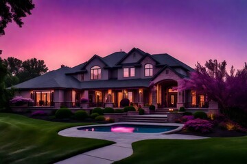 Luxury home during twilight golden hour with pink and purple sky and lush landscaping in Nebraska USA beautiful view