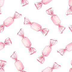 Seamless pattern with pink candies arranged chaotically on a white background. Watercolor illustration drawn by hand. For fabric, cover, wrapping paper.
