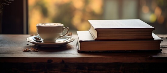Coffee and books on the table.