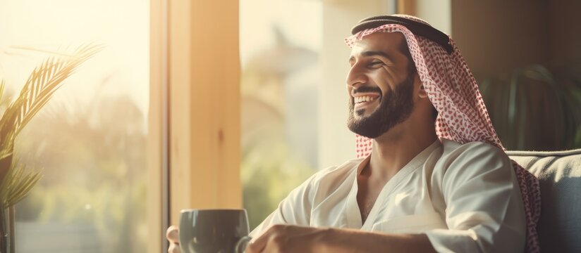 Indian Man Smiling, Drinking Hot Beverage At Home In Morning. Arabic Guy Enjoying Alone Time, Taking A Break.