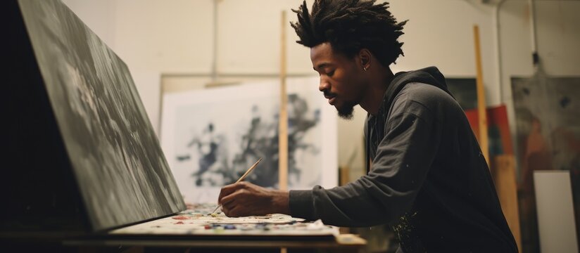 African American male artist painting in studio, finding inspiration and creating on canvas.