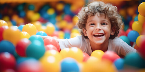 Joyful young boy with curly hair enjoying playtime in a vibrant ball pit at a children's indoor...