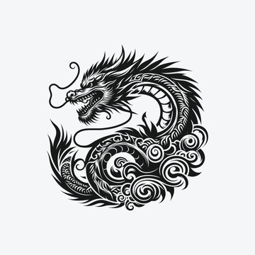 monochrome dragon tattoo vector design, in a simple and elegant style