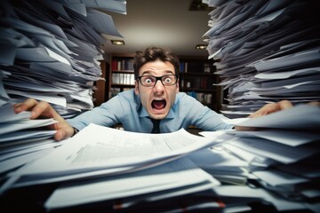 Angry office worker surrounded by piles of documents