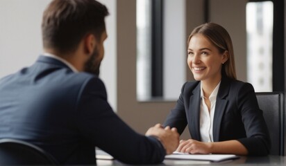 Smiling female hr hiring recruit at job interview, bank or insurance agent, lawyer making contract deal with client at work from Generative AI