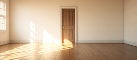 A vacant room with wooden floors, white walls, and light shining on the door from the window.