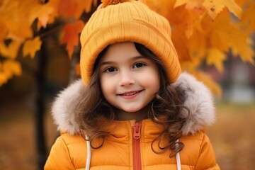 Portrait of happy kid girl with autumn outdoors