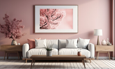 Harmony in Contrast white Sofa with Cushions Near Pink Wall.AI Generative