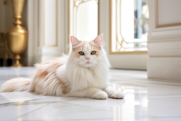 Sleek and elegant cat lounging on a polished marble floor