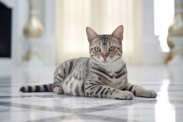 Obraz premium Sleek and elegant cat lounging on a polished marble floor