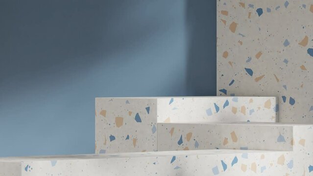 mockup template white marble cylinder podium of with seamless loop shadow animation aracea palm plant background, 3d video render
