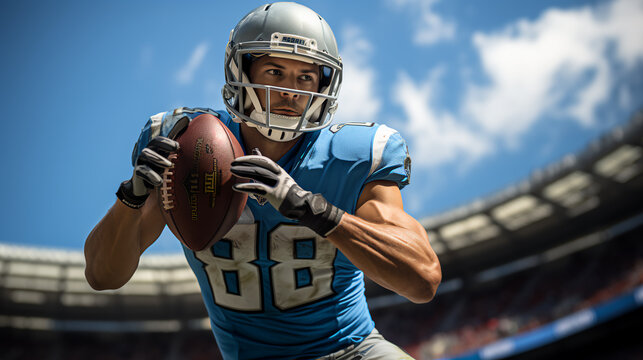 Football wide receiver catching a touchdown pass - blue uniforms - dramatic  - low angle shot - close-up shot 
