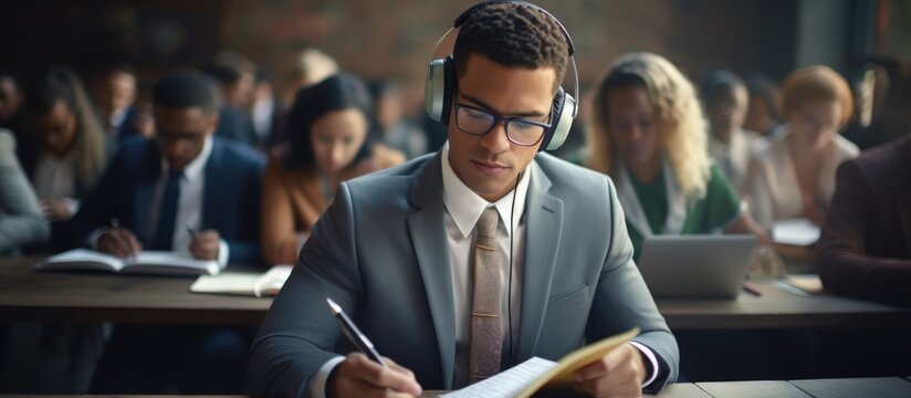 Focused biracial businessman taking notes while listening to educational lecture.