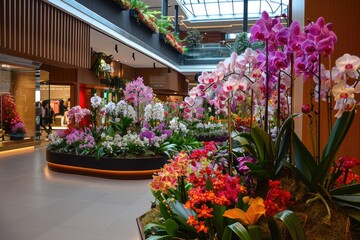 Fototapeta na wymiar Shopping center decorated with flowers orchids.