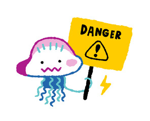 注意喚起する海洋危険生物カツオノエボシ【キャラクター】の手描きイラスト