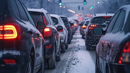 Modern cars are stuck in a traffic jam on a highway in winter.