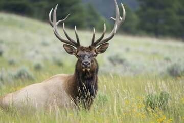 Deer with large antlers in a meadow in the summer.