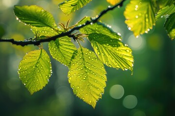 Beautiful leaves in the forest with dewdrops