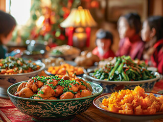 A family enjoys a traditional Chinese New Year feast with various dishes and dumplings on a round...